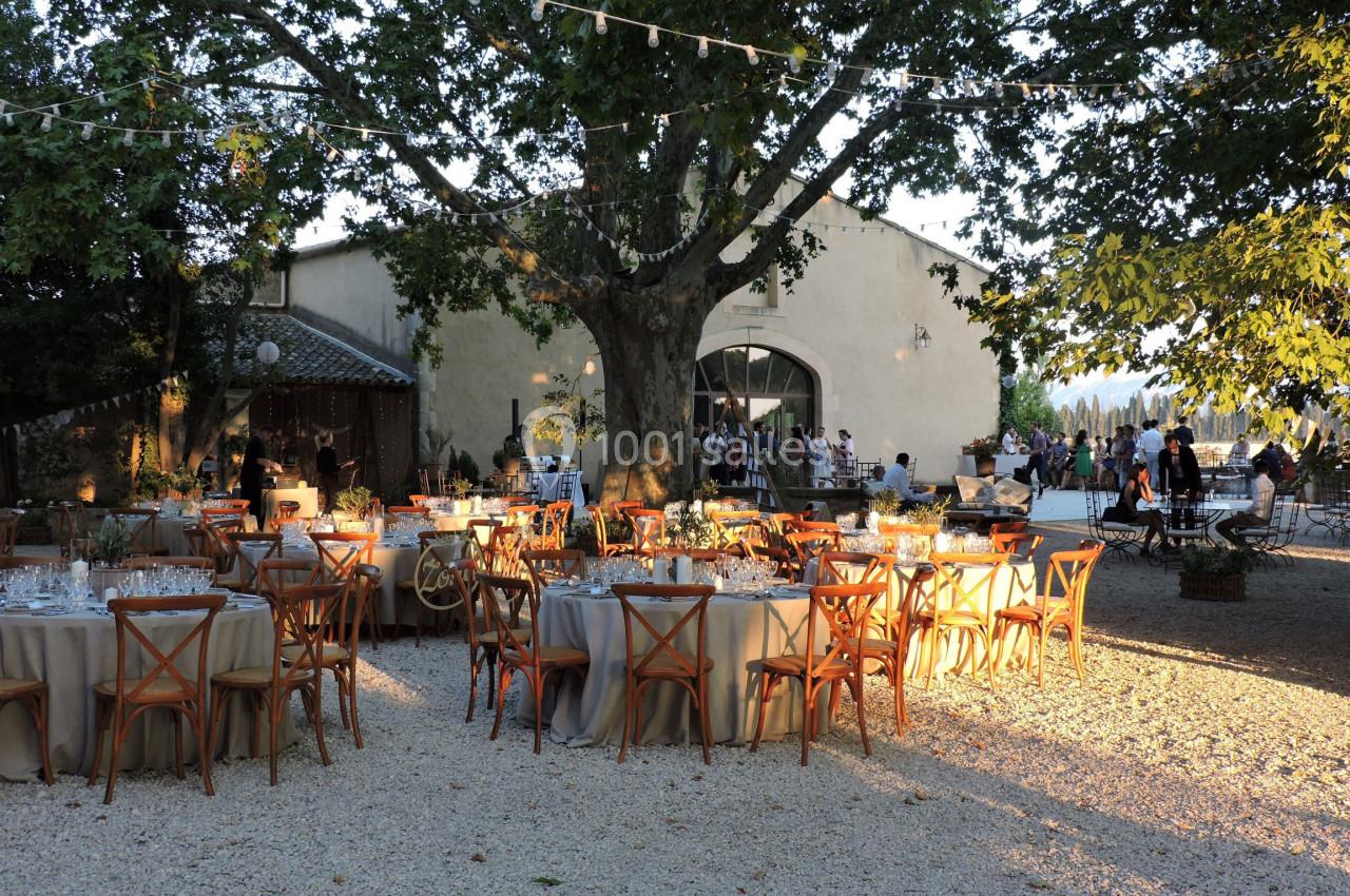 Tables dressées pour un événement en plein air sous des arbres, avec une bâtisse en arrière-plan et des guirlandes…