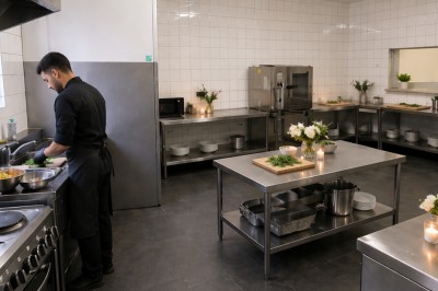 Cuisiniers en tenue noire préparant des plats dans une cuisine professionnelle équipée en inox.