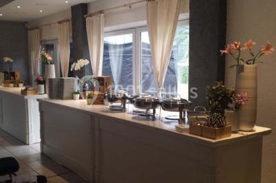 Roses roses et blanches en gros plan devant une pelouse et des arbres verdoyants sous un ciel clair.