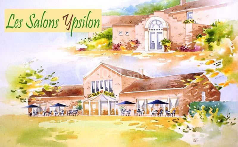 Illustration colorée de bâtiments en briques avec terrasses, parasols et végétation environnante.