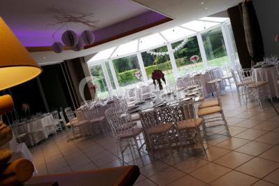 Roses roses et blanches en gros plan devant une pelouse et des arbres verdoyants sous un ciel clair.