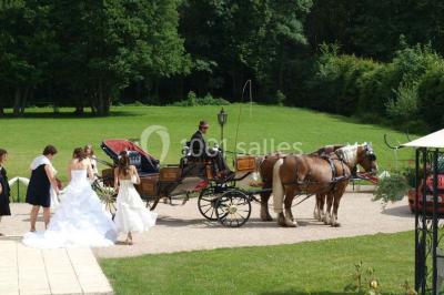 Arche de cérémonie décorée de fleurs blanches et de voilages verts, installée dans un jardin ombragé.