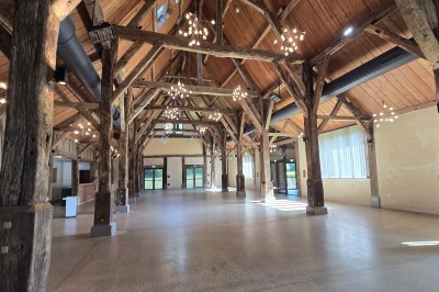 Miniature Location salle La Ferté-Frênel (Orne) - La Grange de Villeron #24 Charpente en bois apparente dans une grande salle lumineuse avec murs en pierre et écran blanc au fond.