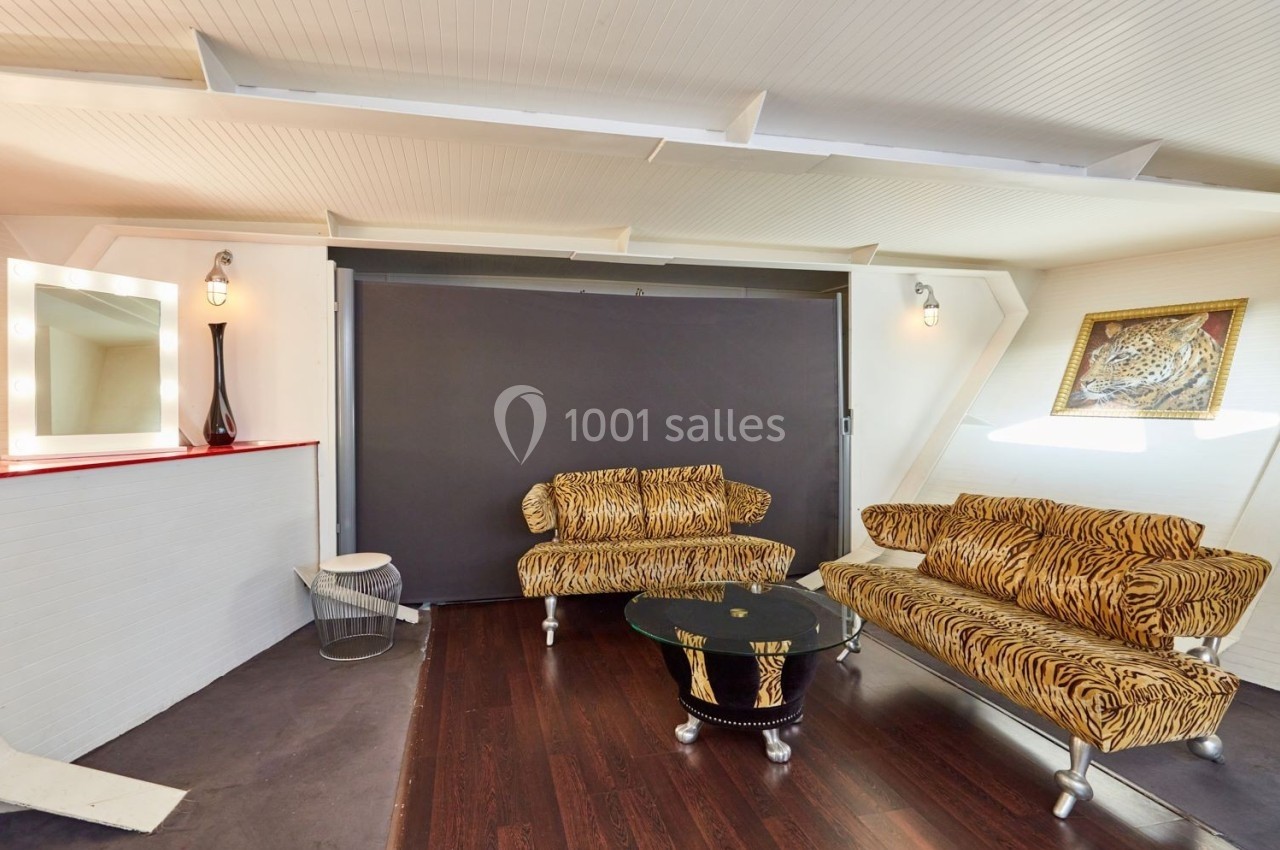 Location salle Paris 15 (Paris) - Paris Yacht Marina #26 Salon avec canapés à motif tigre, table basse en verre, miroir éclairé et tableau mural dans une pièce au décor moderne.
