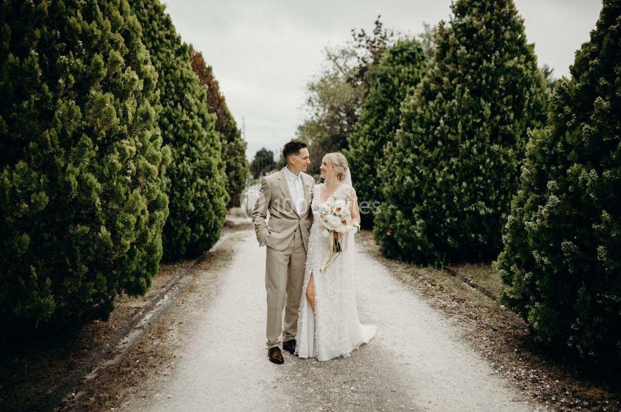 Un couple en tenue de mariage marche sur une allée bordée de grands arbres verts par temps nuageux.