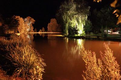 Salle de bain mansardée avec douche en briques de verre, vasques en verre, meubles en bois et fenêtre de toit.