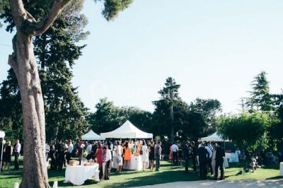 Miniature Location salle Pomérols (Hérault) - Domaine Fon de Rey #8 Piscine extérieure entourée de chaises longues, de végétation luxuriante et de grands arbres sous un ciel bleu.