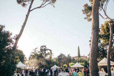Miniature Location salle Pomérols (Hérault) - Domaine Fon de Rey #9 Piscine extérieure entourée de chaises longues, de végétation luxuriante et de grands arbres sous un ciel bleu.