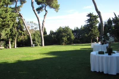Miniature Location salle Pomérols (Hérault) - Domaine Fon de Rey #38 Piscine extérieure entourée de chaises longues, de végétation luxuriante et de grands arbres sous un ciel bleu.