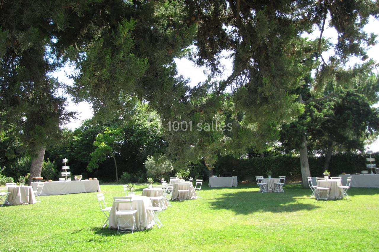 Location salle Pomérols (Hérault) - Domaine Fon de Rey #39 Tables et chaises blanches disposées sur une pelouse sous de grands arbres, dans un cadre extérieur ensoleillé.