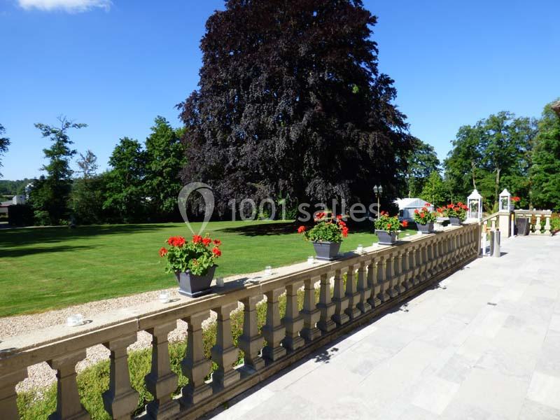 Balustrade en pierre ornée de pots de fleurs rouges, donnant sur une pelouse et un grand arbre sous un ciel bleu.