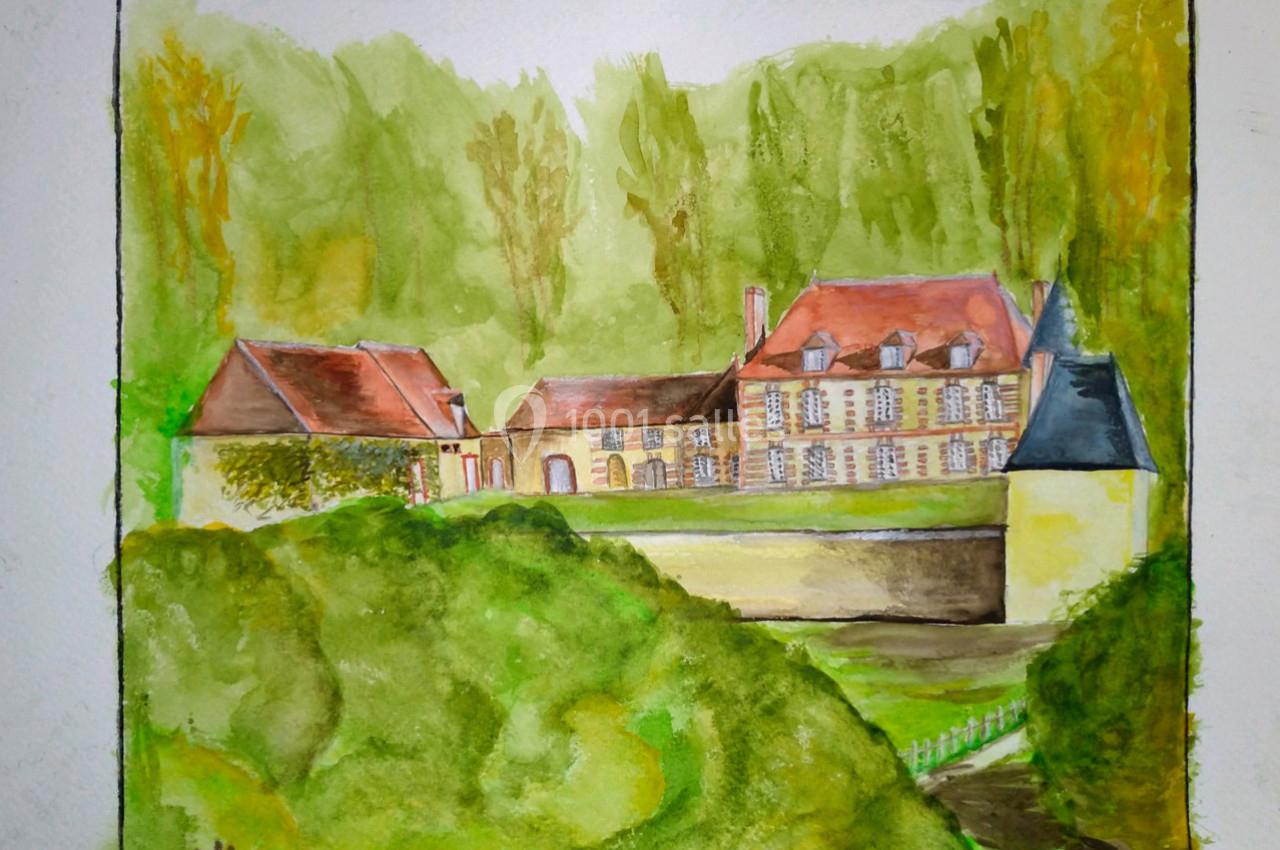 Peinture représentant un domaine rural avec bâtiments en pierre, toits rouges et végétation environnante.