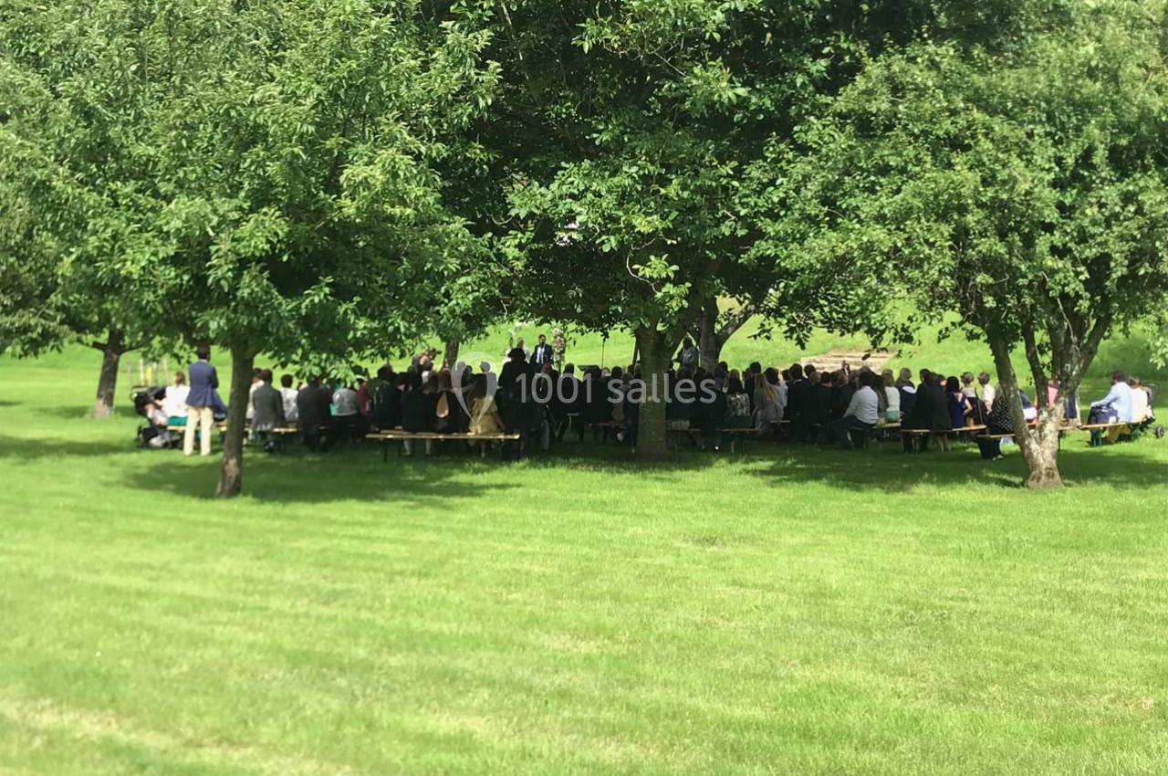 Groupe de personnes assises sous des arbres dans un parc, participant à un rassemblement en plein air.