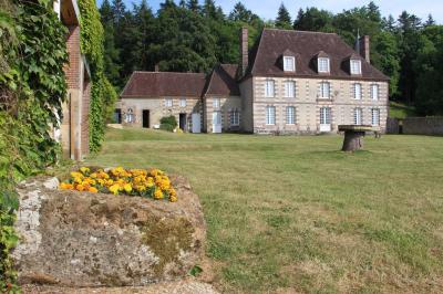 Salon rustique avec murs en pierre, canapés en cuir, table basse et porte ouverte donnant sur un jardin ensoleillé.
