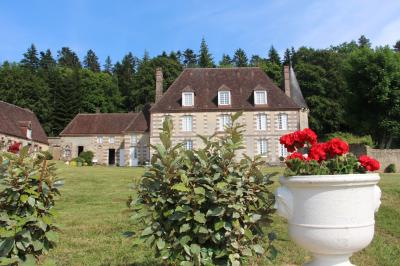 Salon rustique avec murs en pierre, canapés en cuir, table basse et porte ouverte donnant sur un jardin ensoleillé.