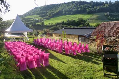 Plateau doré avec verrines et brochettes apéritives, disposé sur une table décorée pour un événement.
