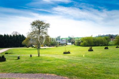 Intérieur d'un chalet en bois avec table, chaises recouvertes de fourrure, poêle allumé et vase de fleurs sur une table…