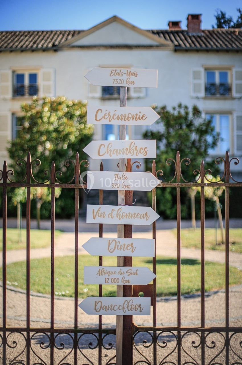Panneau directionnel en bois indiquant des lieux et distances, devant une maison avec jardin et clôture en fer forgé.