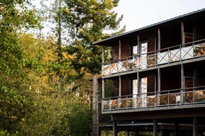 Bouteilles d'eau, tasses empilées et bocal de biscuits disposés sur une table en bois.