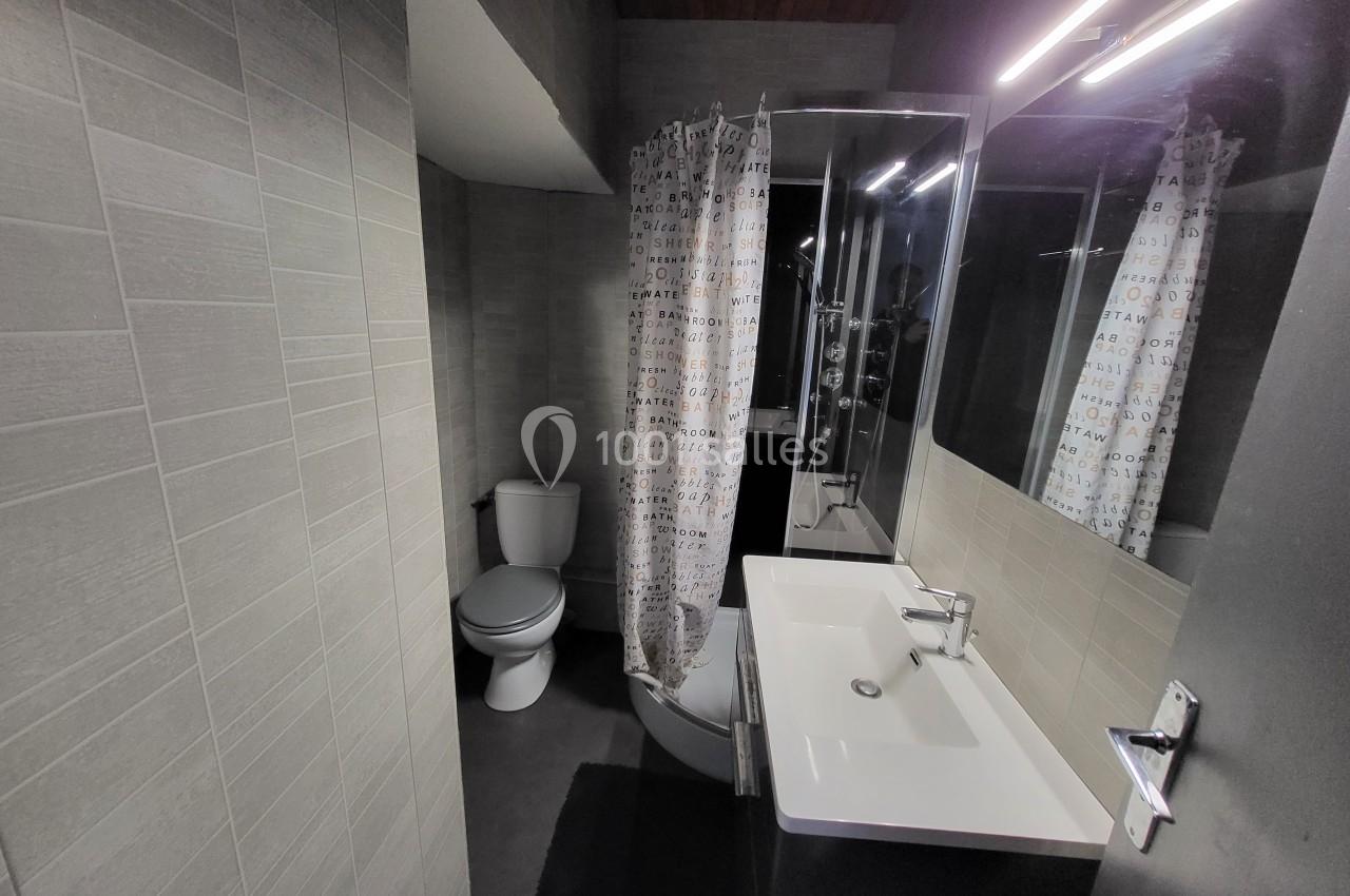 Salle de bain moderne avec lavabo, miroir, toilettes et douche séparée par un rideau à motifs.
