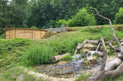 Grande maison en pierre entourée de verdure, avec une cour ensoleillée et des arbres en arrière-plan.
