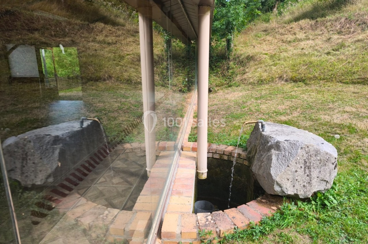 Vue d'une fontaine en pierre avec un bassin circulaire, entourée de verdure et reflétée dans une vitre.