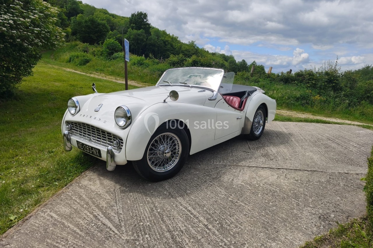 Voiture ancienne blanche décapotable stationnée sur une allée bétonnée, entourée de verdure et sous un ciel nuageux.
