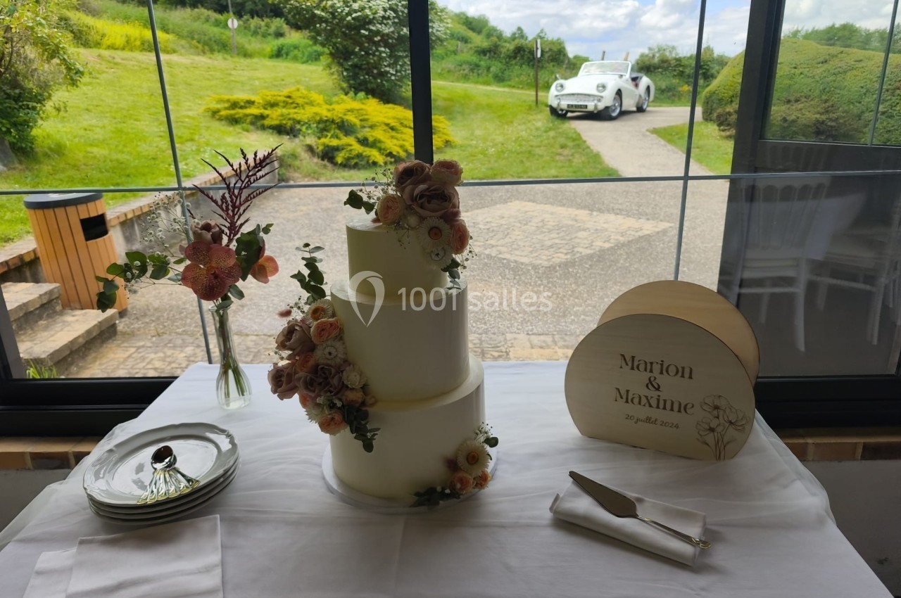 Gâteau de mariage à trois étages décoré de fleurs, posé sur une table près d'une baie vitrée avec vue sur un jardin.