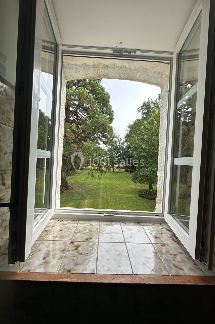Vue depuis une fenêtre ouverte donnant sur un jardin verdoyant avec pelouse, arbres et ciel dégagé.