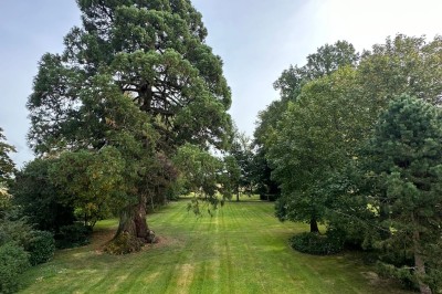Chambre avec poutres apparentes, lit simple, armoire ancienne, bureau, chaise et fenêtre ouverte sur l'extérieur.