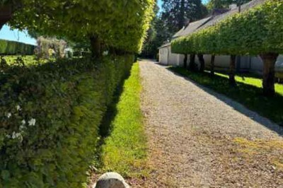 Cour pavée avec un puits en pierre au premier plan, entouré de bacs végétalisés, et bâtiments en arrière-plan.