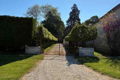 Cour pavée avec un puits en pierre au premier plan, entouré de bacs végétalisés, et bâtiments en arrière-plan.