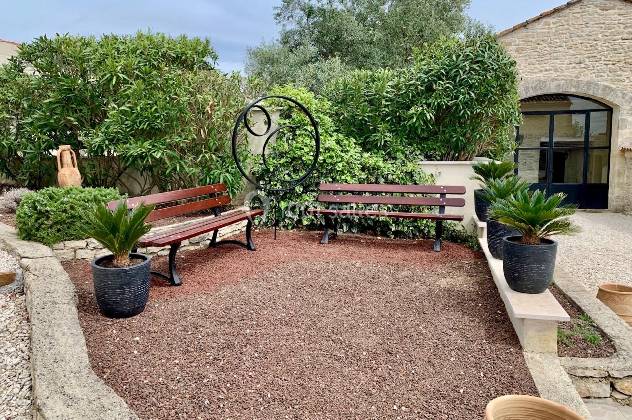 Deux bancs en bois entourés de plantes et de pots, disposés dans une cour avec un sol en gravier rouge.