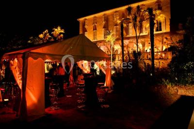 Un couple en tenue de mariage se tient la main en marchant dans un vignoble verdoyant.