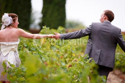 Un couple en tenue de mariage se tient la main en marchant dans un vignoble verdoyant.