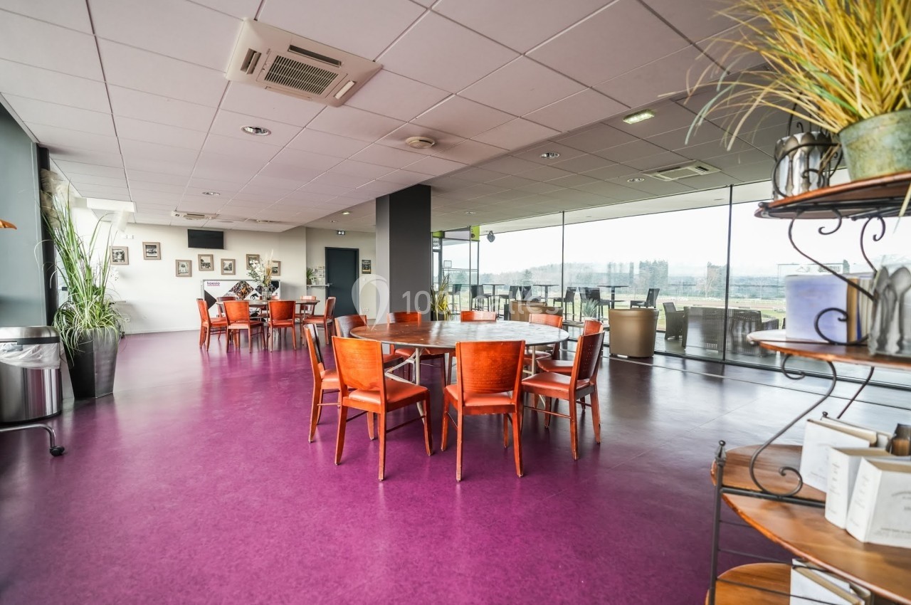 Salle lumineuse avec sol violet, tables et chaises en bois, grandes fenêtres donnant sur un paysage extérieur.