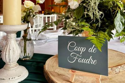 Une mariée en robe blanche applaudit devant un groupe de personnes dans un jardin lors d'une célébration.