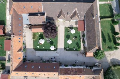 Une mariée en robe blanche applaudit devant un groupe de personnes dans un jardin lors d'une célébration.