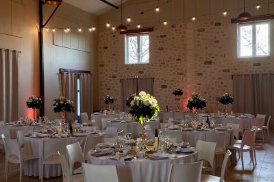 Un couple de mariés entouré de leurs témoins et demoiselles d'honneur posant en extérieur au coucher du soleil.