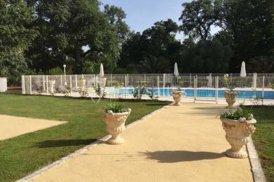 Couloir avec parquet en bois, murs verts décorés, table avec cadres et bougies, et rideaux verts aux fenêtres.
