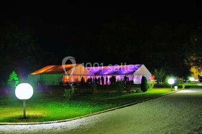 Couloir avec parquet en bois, murs verts décorés, table avec cadres et bougies, et rideaux verts aux fenêtres.