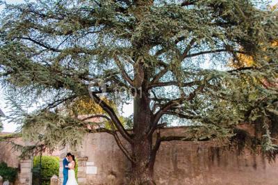 Façade d'un château illuminée par des lumières rouges, avec des drapeaux et des spectateurs en arrière-plan.