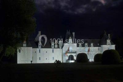Façade d'un château illuminée par des lumières rouges, avec des drapeaux et des spectateurs en arrière-plan.