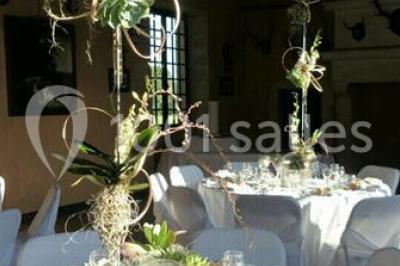 Façade d'un château illuminée par des lumières rouges, avec des drapeaux et des spectateurs en arrière-plan.