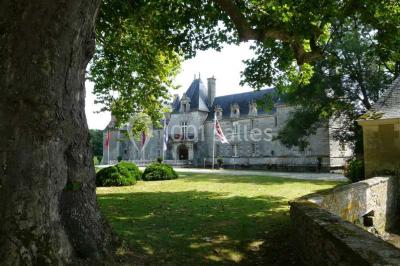 Façade d'un château illuminée par des lumières rouges, avec des drapeaux et des spectateurs en arrière-plan.