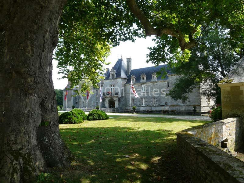 Façade d'un château en pierre entouré d'arbres et d'une pelouse, avec des drapeaux visibles à l'entrée.