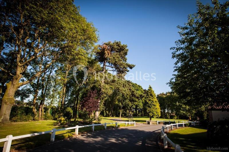 Allée bordée d'arbres et de pelouses sous un ciel bleu, avec une clôture blanche longeant le chemin.