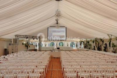Couloir avec parquet en bois, murs verts décorés, table avec cadres et bougies, et rideaux verts aux fenêtres.