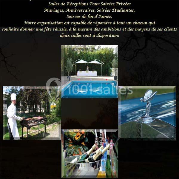 Un montage présentant un chef cuisinant en extérieur, une piscine, une décoration florale et une voiture de luxe.