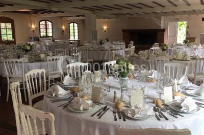 Chaises et tables en fer forgé disposées sous un grand arbre dans un jardin verdoyant, éclairé par la lumière du jour.